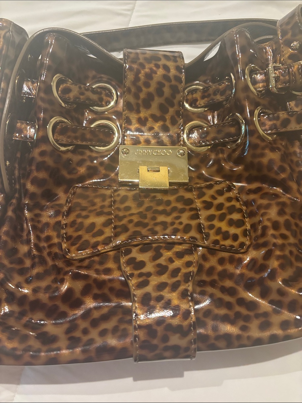 Jimmy Choo Brown Leopard-Print Patent Shoulder Bag with Gold Hardware - Picture 2 of 3